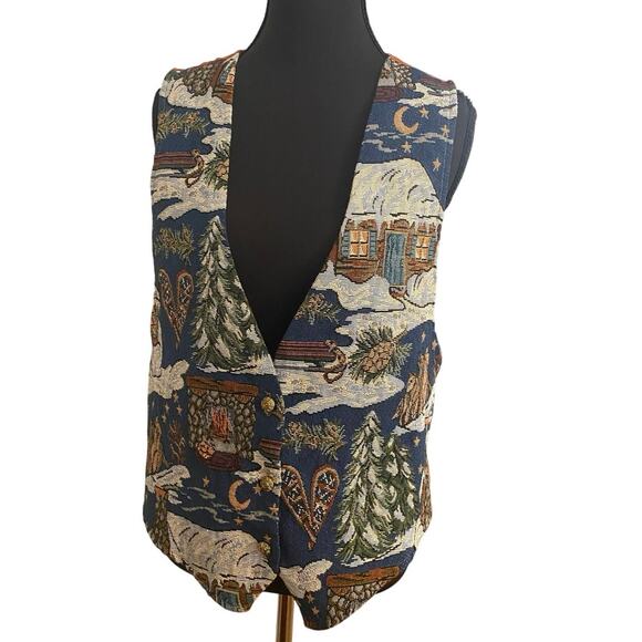 Vintage Backroad Blues Tapestry Cabin Scene Vest USA Made Large Winter Christmas - Picture 1 of 9